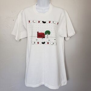 Fruit of the Loom Vintage Large White T-shirt Puff Paint Barn Sheep Red Apple